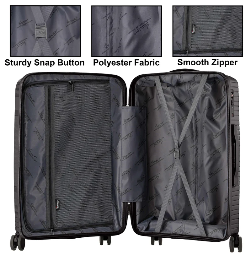 Senator  Unisex Hard Case Large Checked Luggage Lightweight PP Fashion Trolley Luggage with 360° Degree 4 Twin Wheel and Safe Zippers KH1010 Black  | Best Price UAE